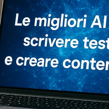 Laptop con la scritta "Le migliori AI per scrivere testi e creare contenuti" su sfondo blu