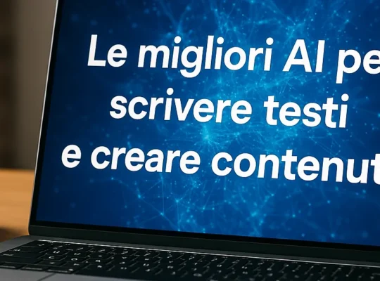Laptop con la scritta "Le migliori AI per scrivere testi e creare contenuti" su sfondo blu