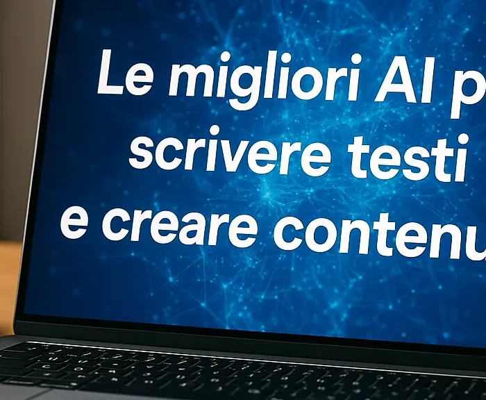 Laptop con la scritta "Le migliori AI per scrivere testi e creare contenuti" su sfondo blu