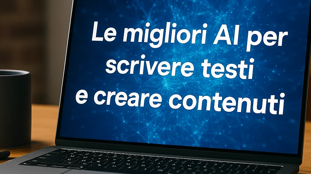 Laptop con la scritta "Le migliori AI per scrivere testi e creare contenuti" su sfondo blu