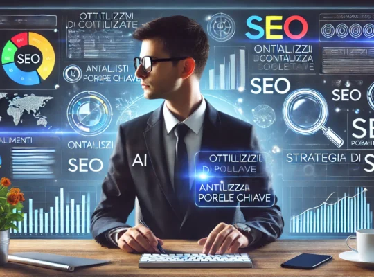Un professionista del marketing digitale utilizza strumenti AI per analizzare parole chiave e strategie SEO su più schermi.