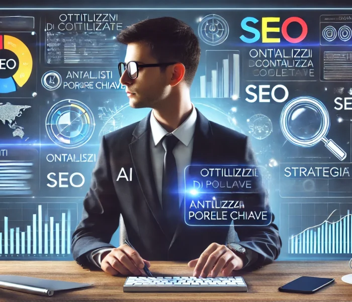 Un professionista del marketing digitale utilizza strumenti AI per analizzare parole chiave e strategie SEO su più schermi.