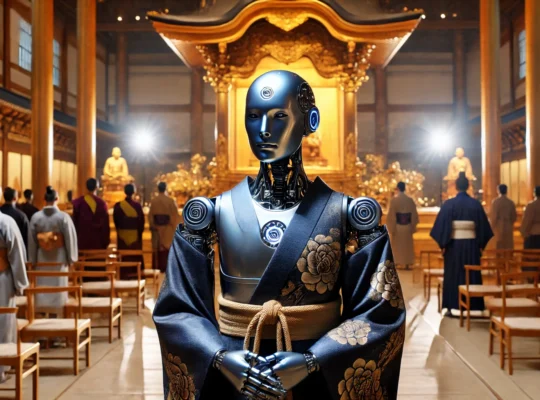 Il Robot Sacerdote Mindar in piedi davanti all'altare del Tempio Kodaiji in Giappone, illuminato da luci soffuse, con monaci e fedeli sullo sfondo.