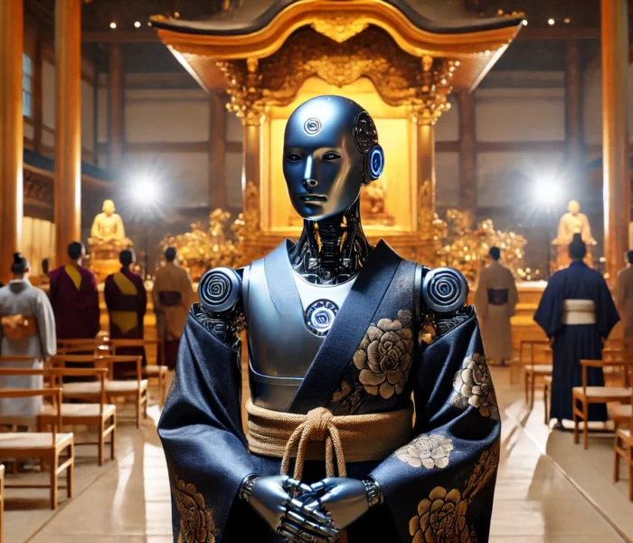 Il Robot Sacerdote Mindar in piedi davanti all'altare del Tempio Kodaiji in Giappone, illuminato da luci soffuse, con monaci e fedeli sullo sfondo.