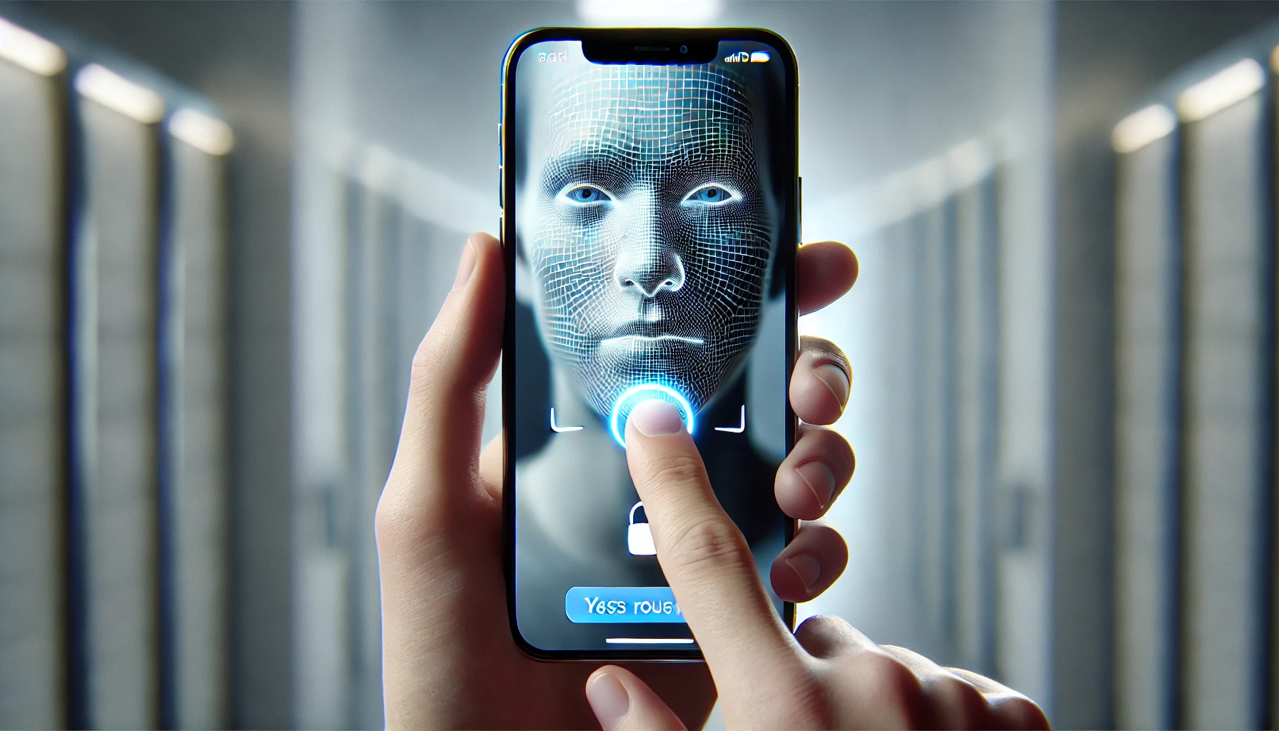 Primo piano di uno smartphone che si sblocca con il volto del proprietari
