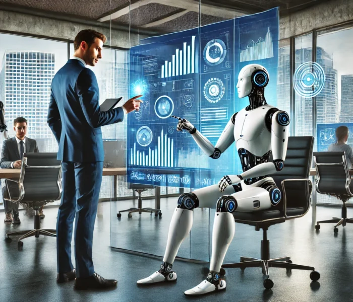 Ufficio futuristico con robot umanoidi e lavoratori umani che collaborano su un'interfaccia digitale, con una vista sulla città high-tech