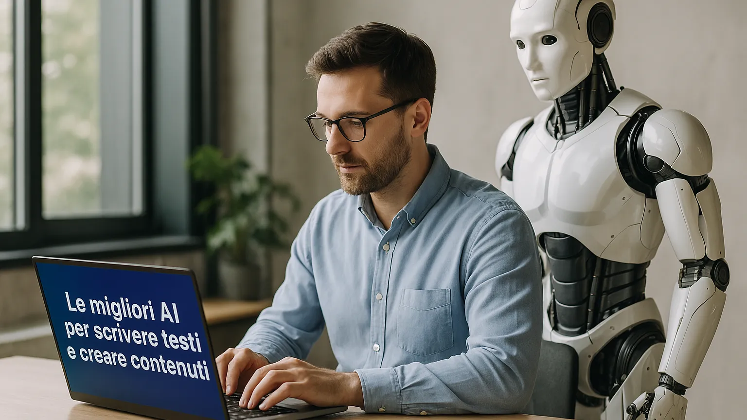 Uomo lavora al PC assistito da un robot umanoide in un ufficio moderno