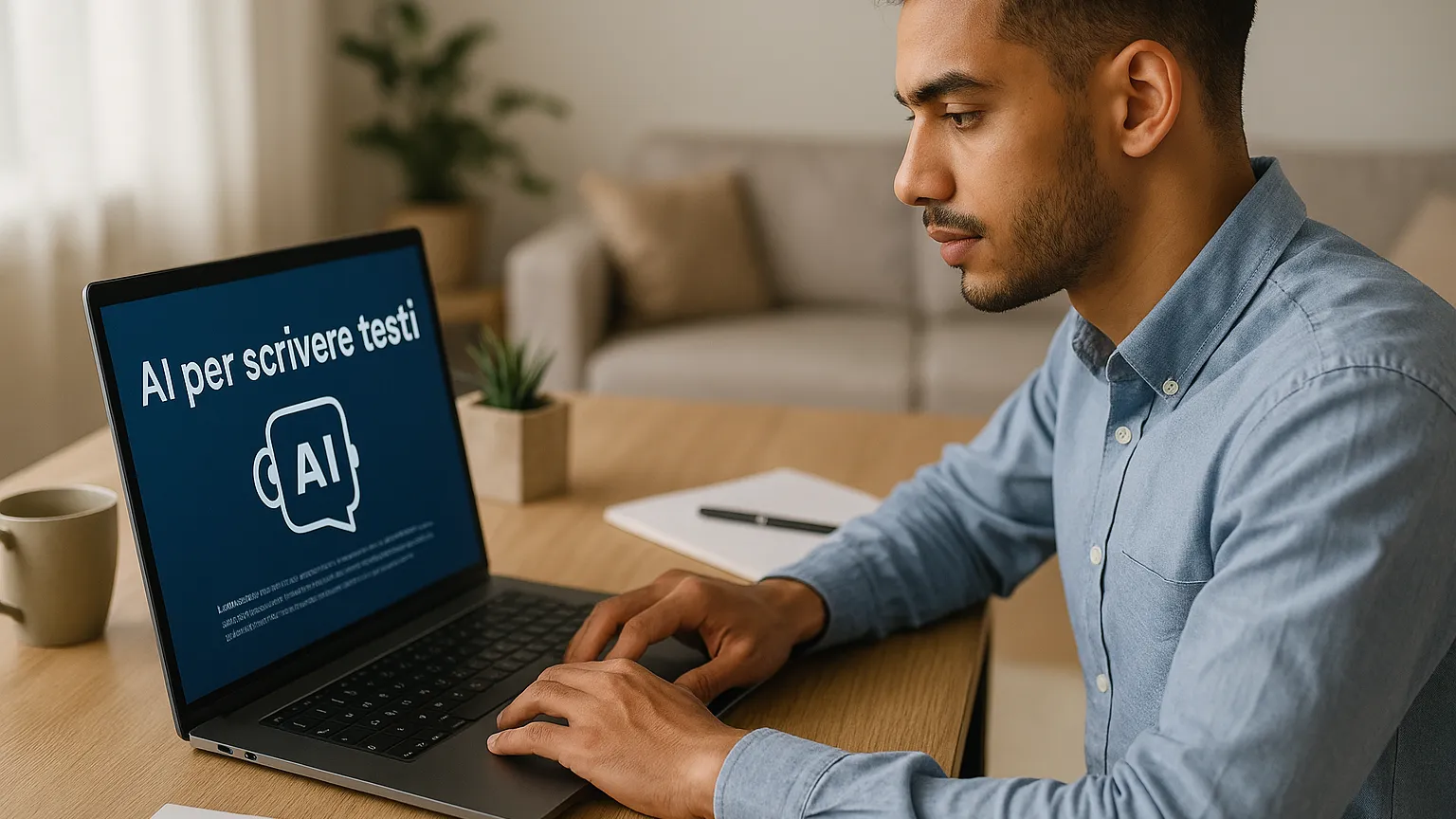 Giovane uomo utilizza l’intelligenza artificiale per creare contenuti su laptop