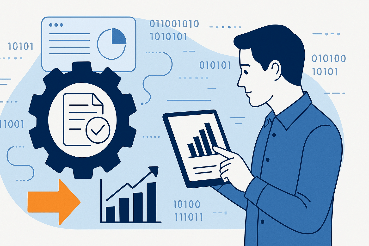 Illustrazione di un lavoratore e un’interfaccia automatizzata che elabora dati con precisione, in stile moderno.
