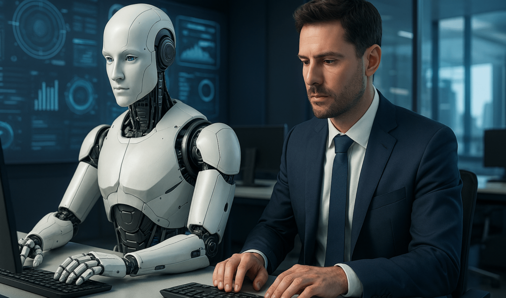 Grafica digitale con robot, icone di produttività e titolo in italiano sull’automazione aziendale.