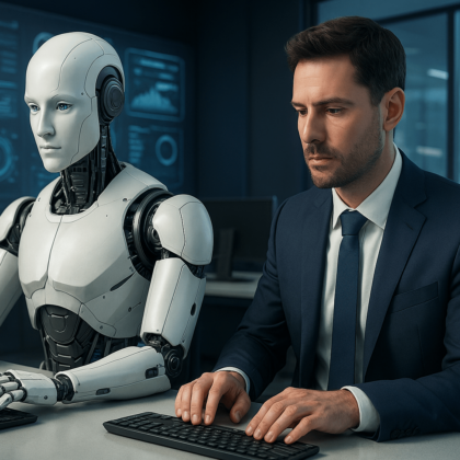 Grafica digitale con robot, icone di produttività e titolo in italiano sull’automazione aziendale.