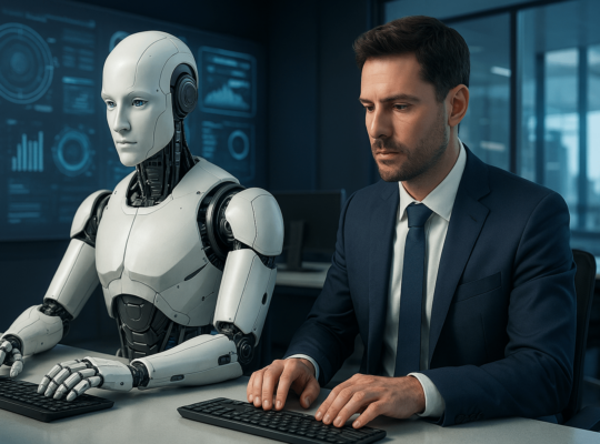 Grafica digitale con robot, icone di produttività e titolo in italiano sull’automazione aziendale.