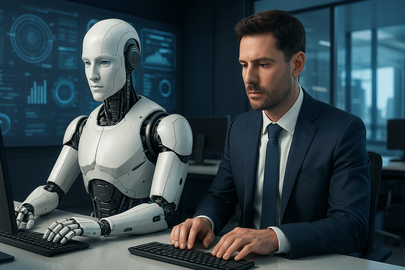 Grafica digitale con robot, icone di produttività e titolo in italiano sull’automazione aziendale.