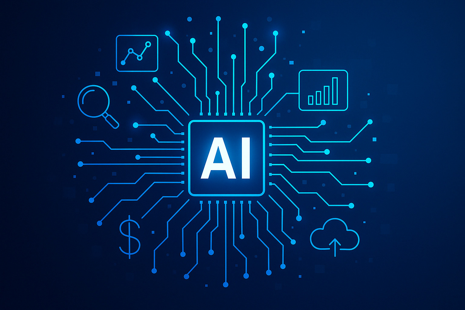 Illustrazione divisa tra i benefici dell’intelligenza artificiale e le sue criticità nel settore finanziario.