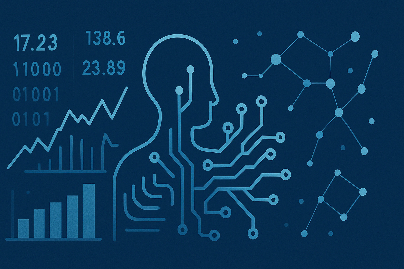  Illustrazione concettuale di un’intelligenza artificiale che analizza dati numerici e grafici nel contesto finanziario.