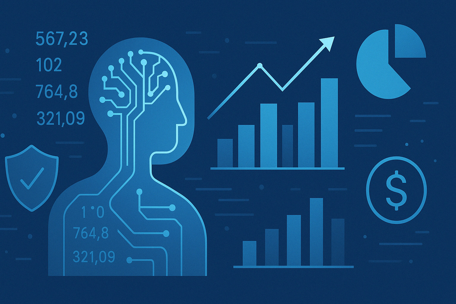 Immagine che mostra un assistente virtuale finanziario con grafici e simboli economici per illustrare l’uso pratico dell’AI.