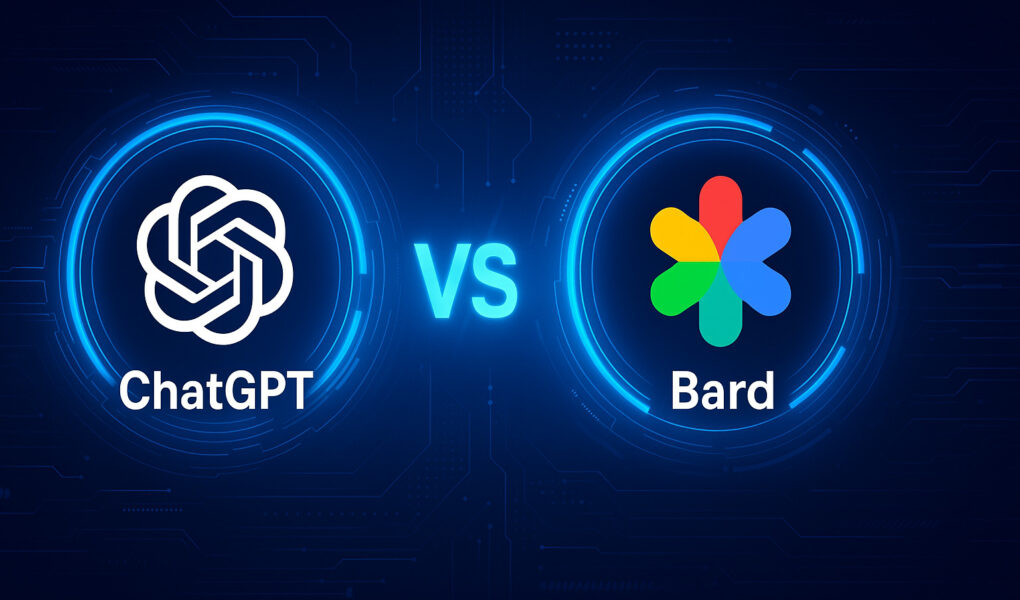 Confronto visivo tra ChatGPT e Bard con sfondo tecnologico blu