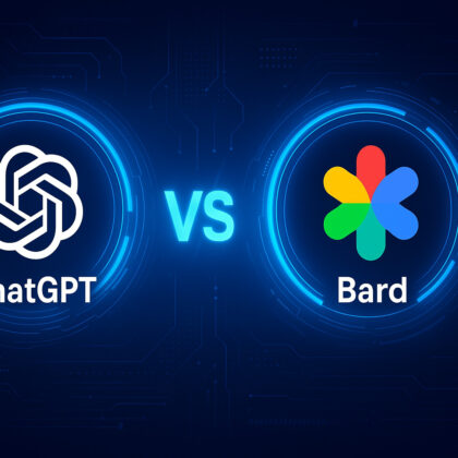 Confronto visivo tra ChatGPT e Bard con sfondo tecnologico blu