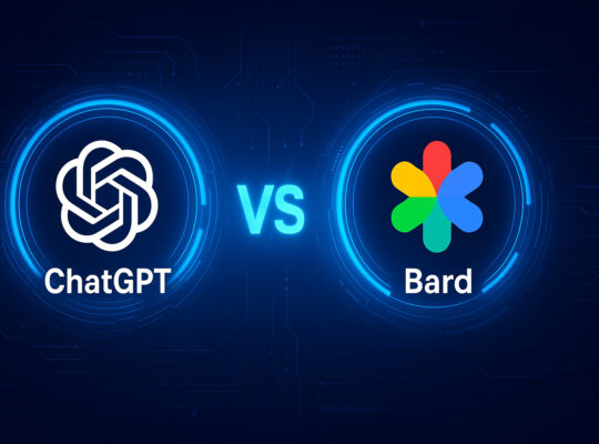 Confronto visivo tra ChatGPT e Bard con sfondo tecnologico blu