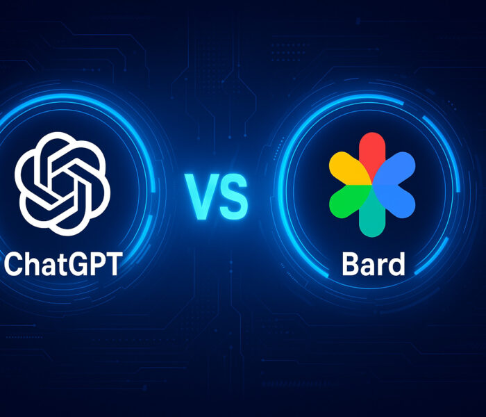 Confronto visivo tra ChatGPT e Bard con sfondo tecnologico blu