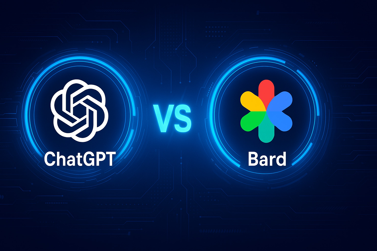 Confronto visivo tra ChatGPT e Bard con sfondo tecnologico blu