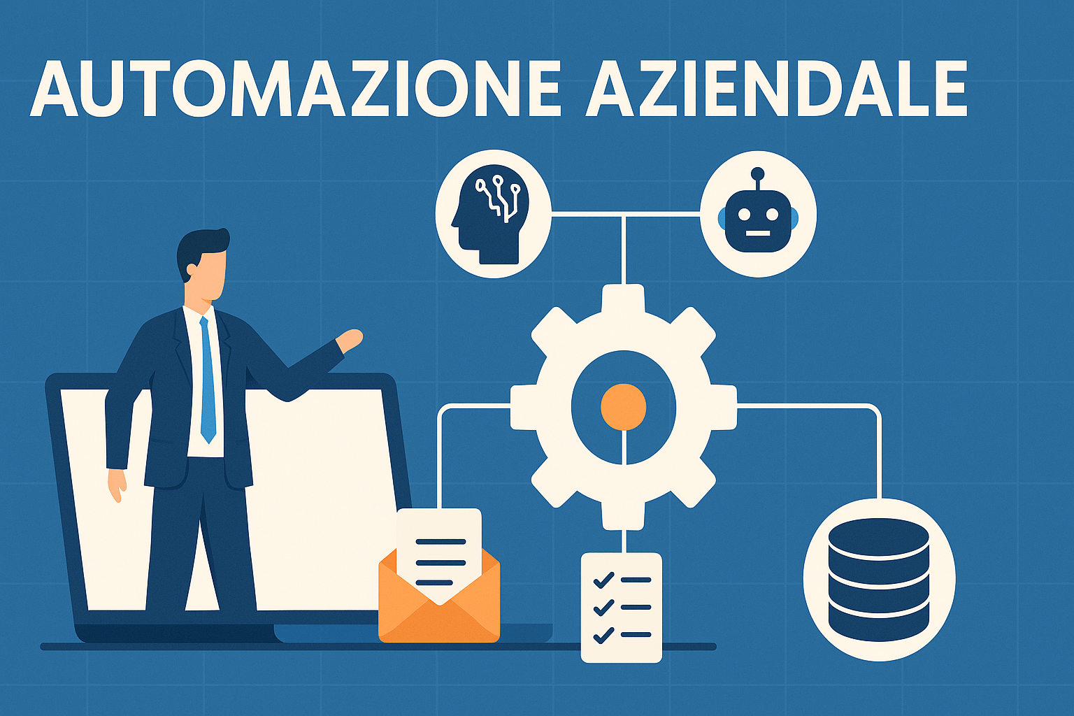 Illustrazione digitale che rappresenta l’automazione aziendale tramite ingranaggi, AI e tecnologie intelligenti.