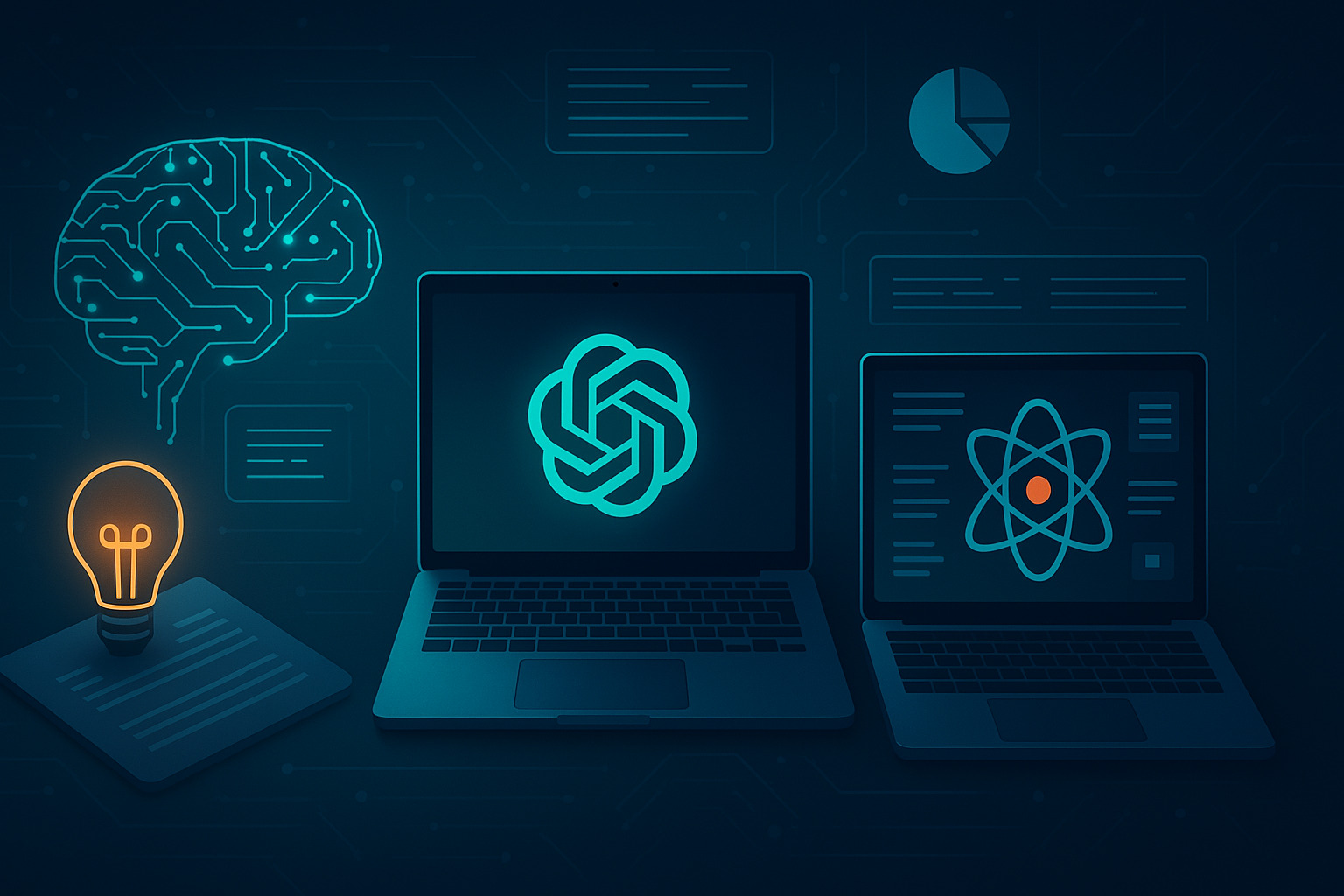Rappresentazione futuristica di AI con cervelli digitali e interfacce fluttuanti