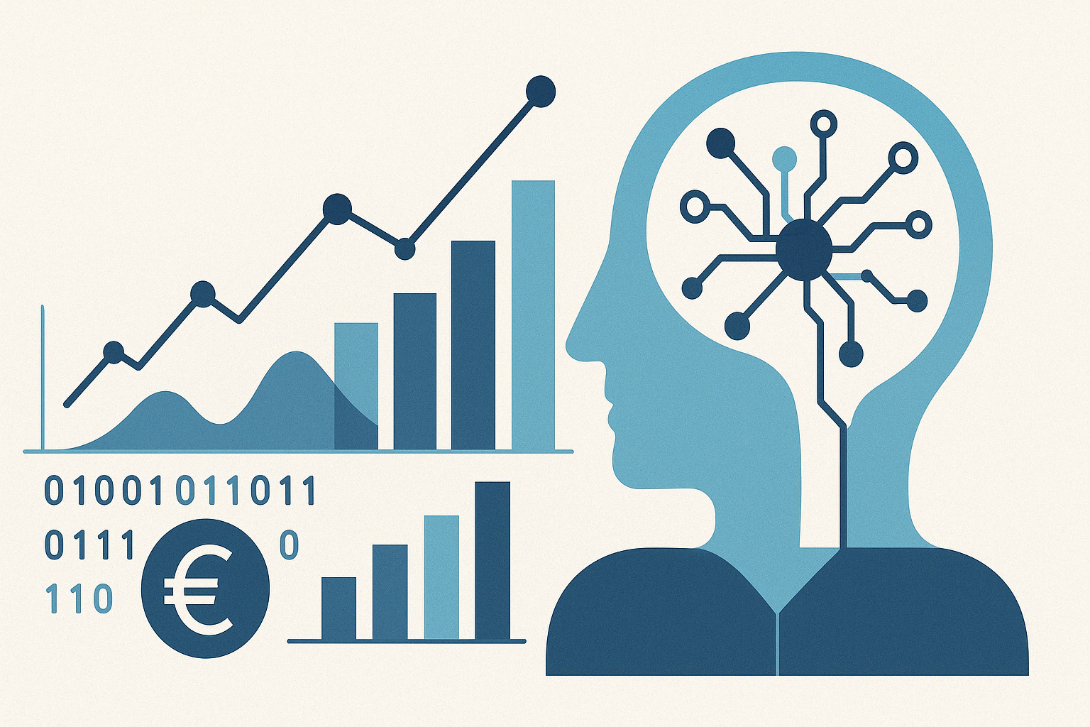 Visione futuristica dell’integrazione tra AI e finanza, con figure astratte e grafici che simboleggiano l’innovazione.