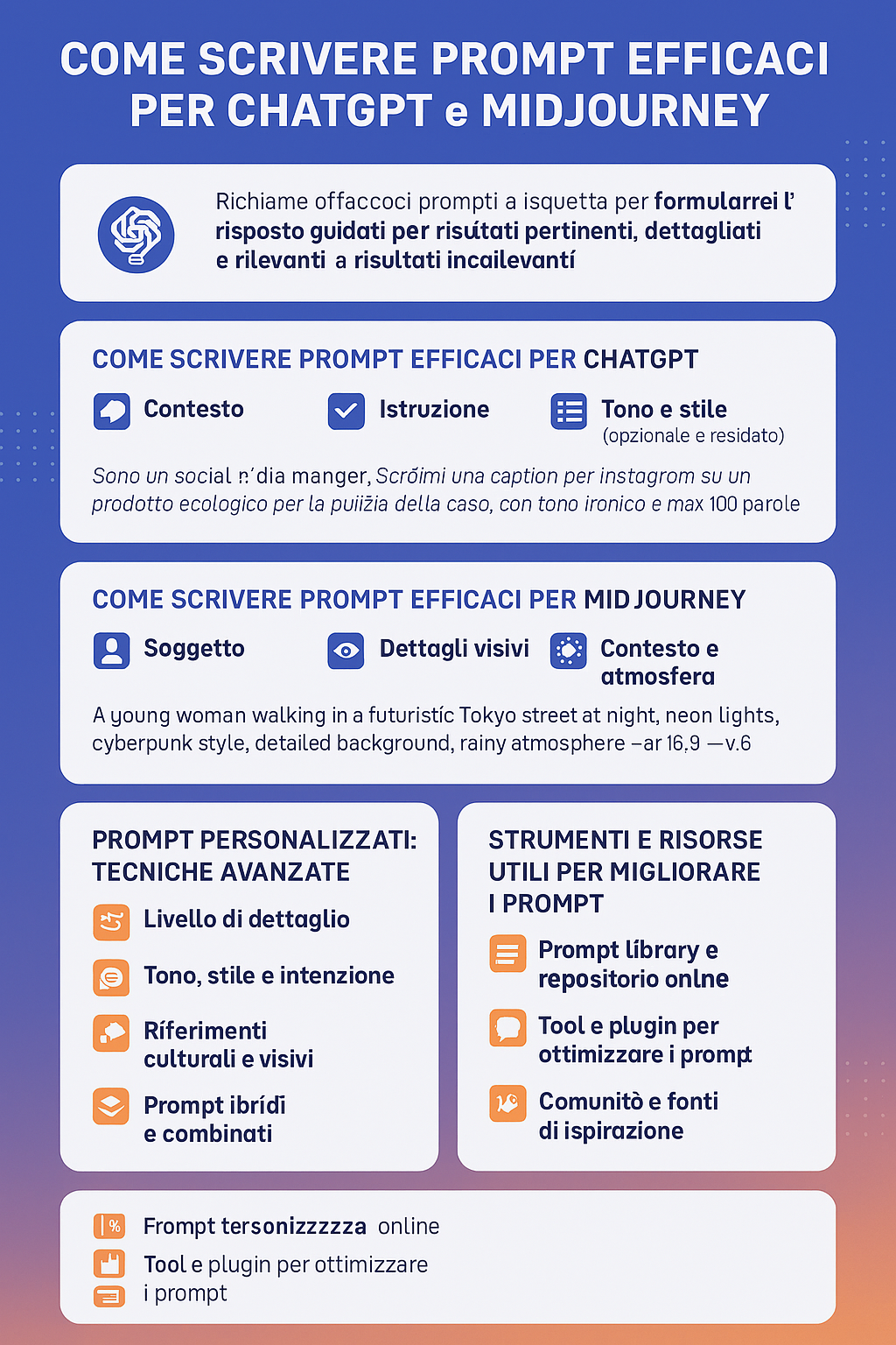 Infografica in stile tech con sezioni su come scrivere prompt efficaci per ChatGPT e Midjourney