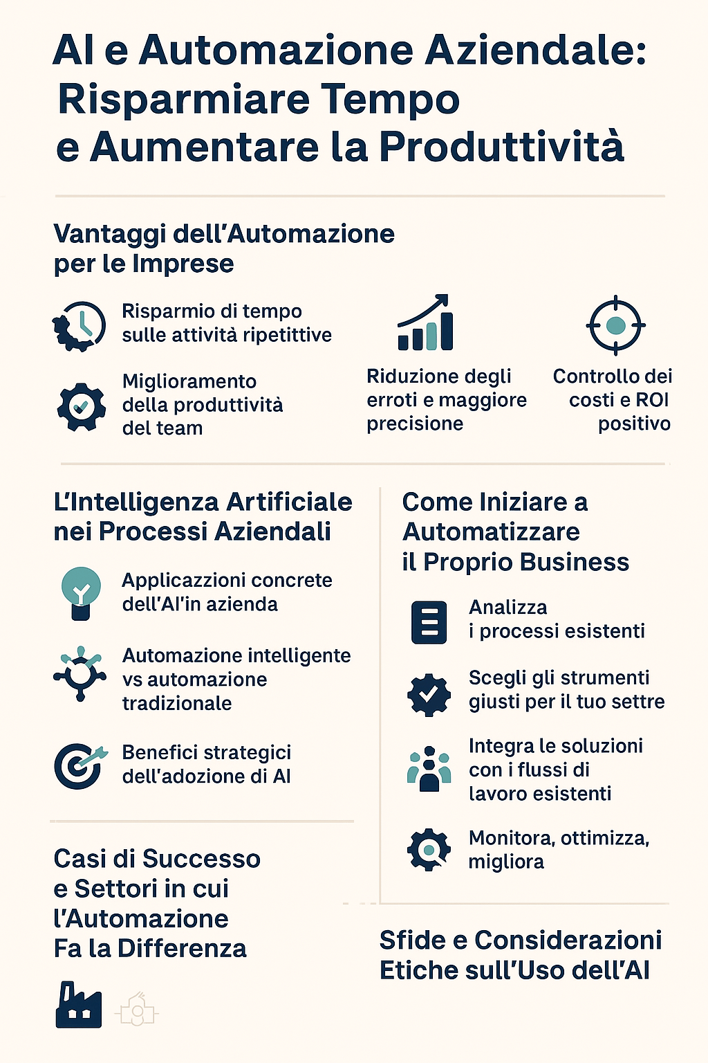 Infografica verticale in italiano che riassume tutti i capitoli dell’articolo sull’automazione aziendale.