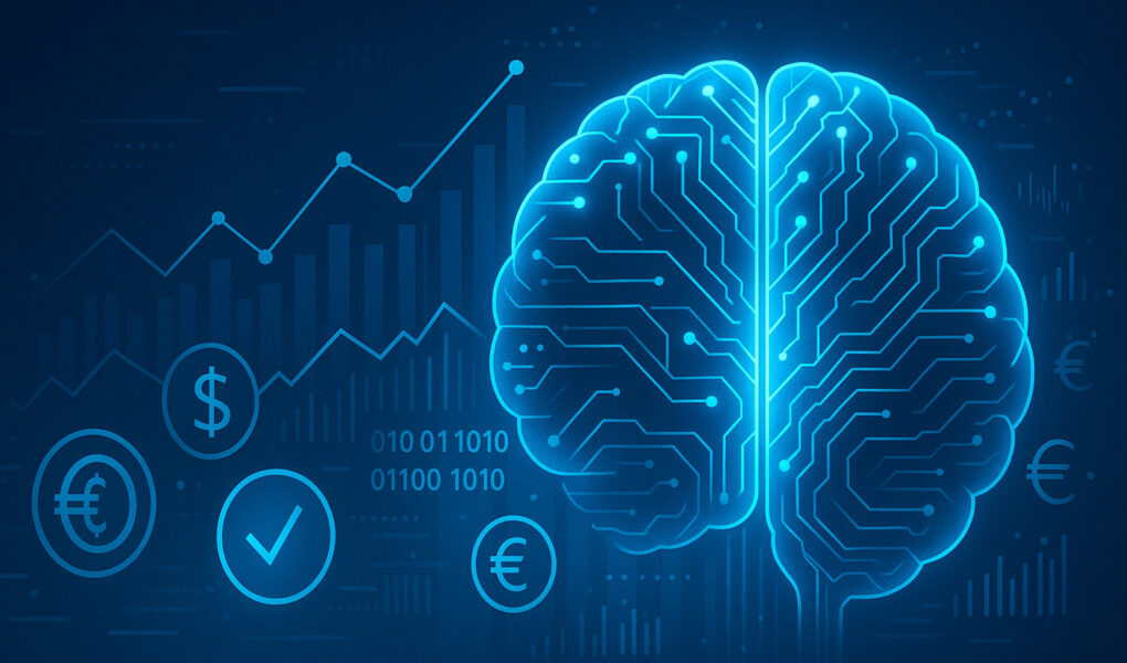 Rappresentazione visiva dell’intelligenza artificiale nel settore finanziario con cervello digitale e grafici economici su sfondo blu futuristico.