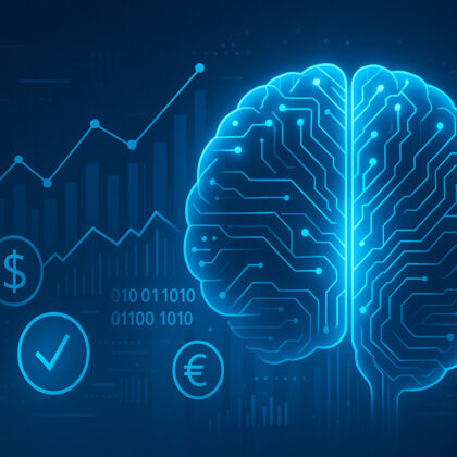 Rappresentazione visiva dell’intelligenza artificiale nel settore finanziario con cervello digitale e grafici economici su sfondo blu futuristico.