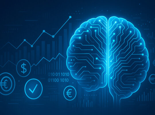 Rappresentazione visiva dell’intelligenza artificiale nel settore finanziario con cervello digitale e grafici economici su sfondo blu futuristico.