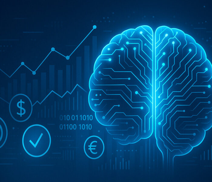 Rappresentazione visiva dell’intelligenza artificiale nel settore finanziario con cervello digitale e grafici economici su sfondo blu futuristico.