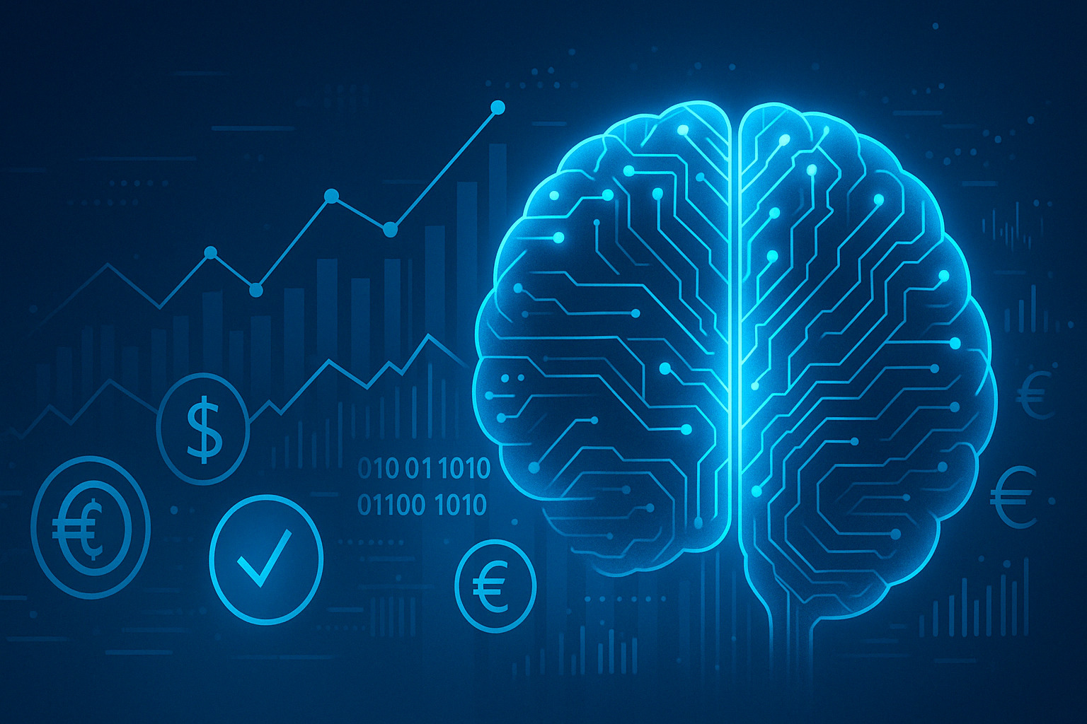 Rappresentazione visiva dell’intelligenza artificiale nel settore finanziario con cervello digitale e grafici economici su sfondo blu futuristico.