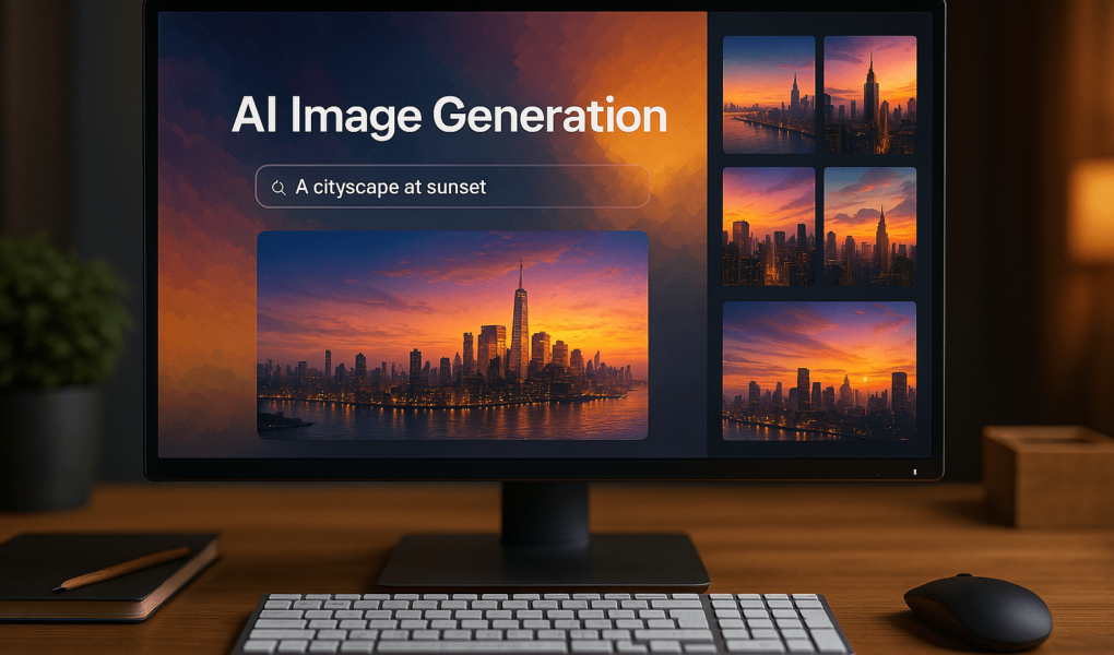 Interfaccia AI per la creazione di immagini digitali con panorama al tramonto su schermo