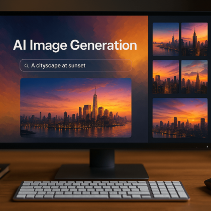 Interfaccia AI per la creazione di immagini digitali con panorama al tramonto su schermo