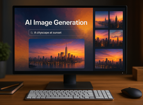Interfaccia AI per la creazione di immagini digitali con panorama al tramonto su schermo