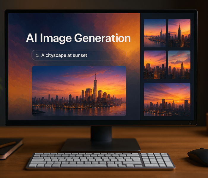 Interfaccia AI per la creazione di immagini digitali con panorama al tramonto su schermo