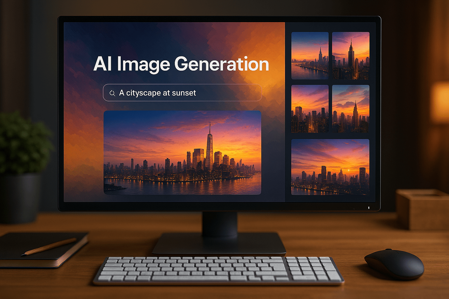 Interfaccia AI per la creazione di immagini digitali con panorama al tramonto su schermo