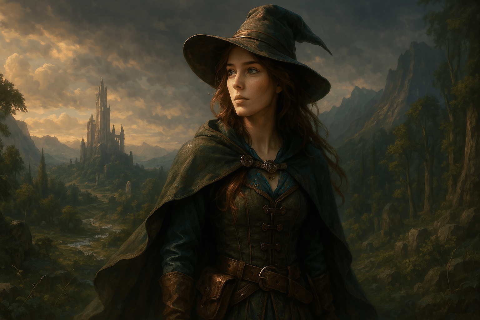 Donna avventuriera in una valle fantasy realistica con rovine e luce al tramonto