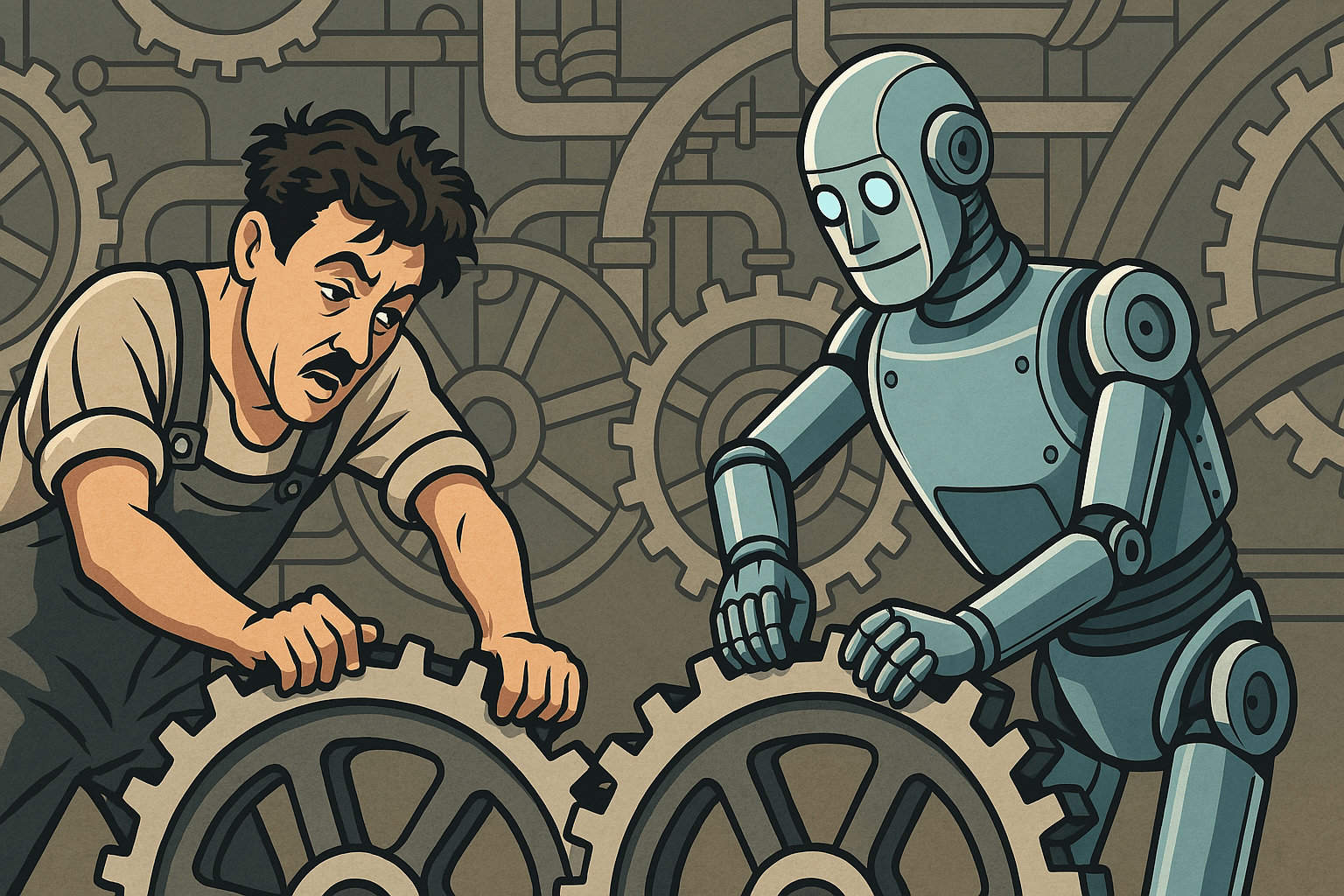 Scena in stile vintage-industriale con un robot che lavora meglio di un essere umano affaticato.