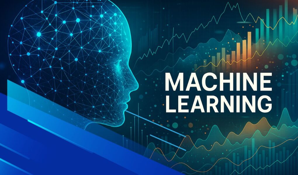 Primo piano di un uomo con overlay di circuiti digitali e icone AI, rappresentazione futuristica del machine learning