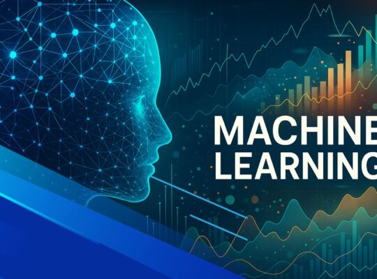 Primo piano di un uomo con overlay di circuiti digitali e icone AI, rappresentazione futuristica del machine learning