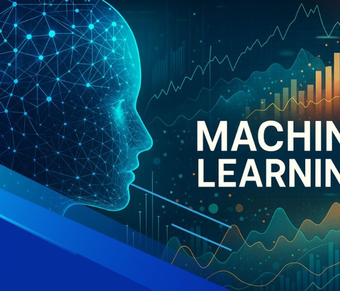 Primo piano di un uomo con overlay di circuiti digitali e icone AI, rappresentazione futuristica del machine learning