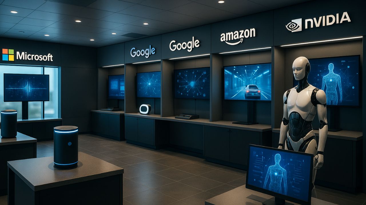 Laboratorio tech con strumenti AI delle principali Big Tech in mostra, ambientazione moderna e realistica