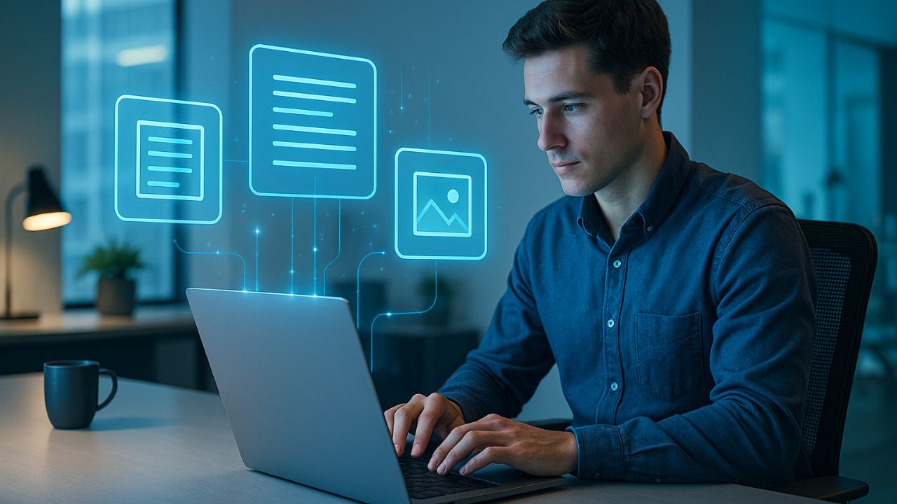 Uomo al computer circondato da icone olografiche che rappresentano la generazione di testo, immagini e video tramite AI