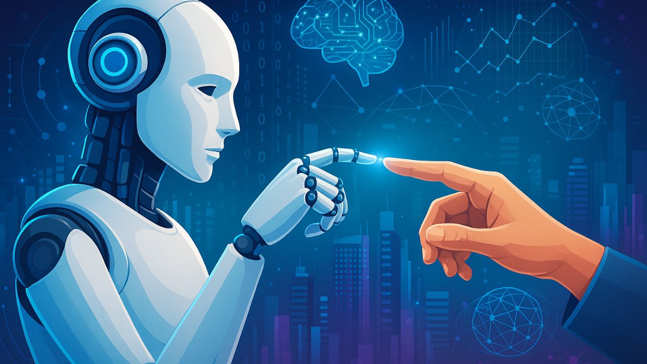 Mano umana che tocca dito di robot davanti a uno sfondo cittadino con simboli tecnologici