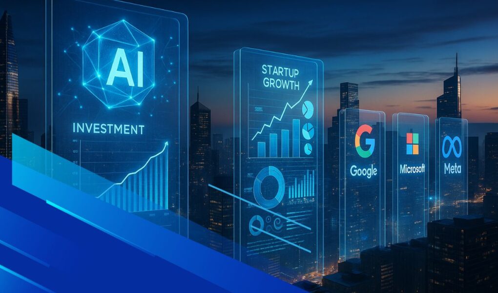 Visualizzazione futuristica di investimenti globali nell’intelligenza artificiale con grafiche olografiche e skyline tecnologico