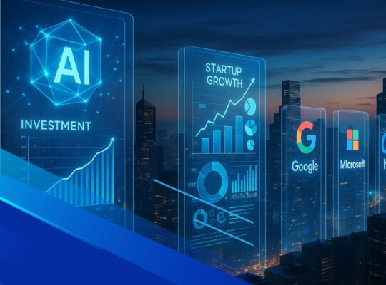Visualizzazione futuristica di investimenti globali nell’intelligenza artificiale con grafiche olografiche e skyline tecnologico